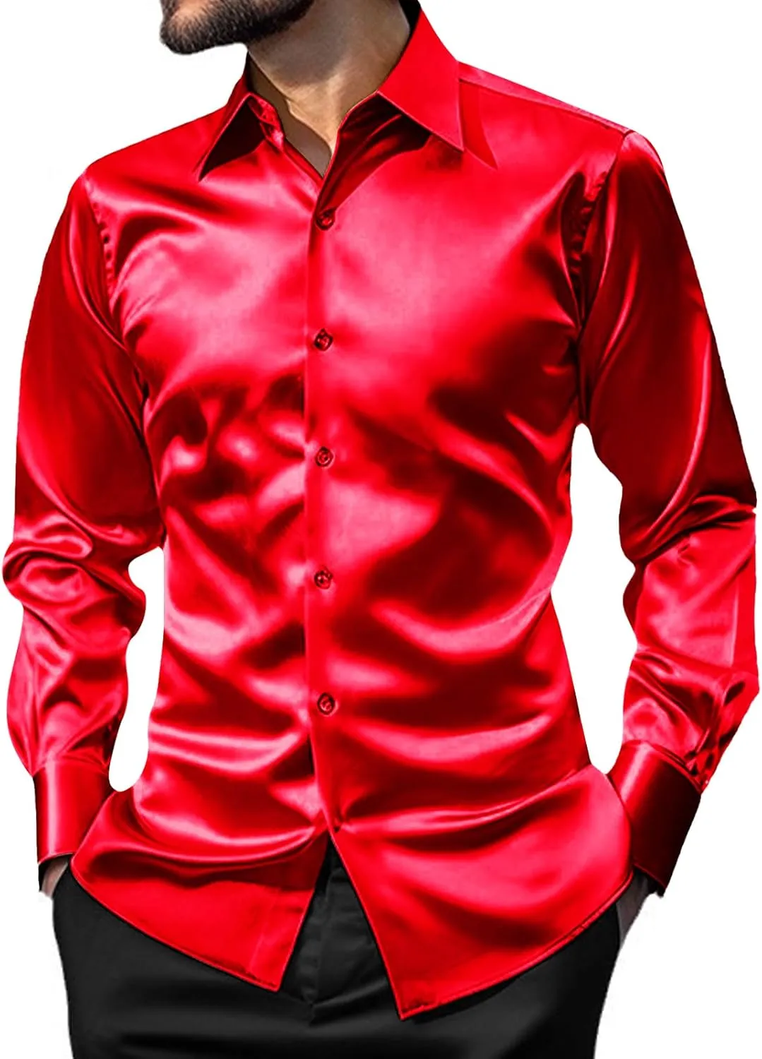 AOTORR Men's Luxury Shiny Silk Like Satin Button Up Dress Shirts Slim Fit Long Sleeve Nightclub Party Disco Prom Shirts