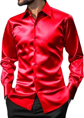 AOTORR Men's Luxury Shiny Silk Like Satin Button Up Dress Shirts Slim Fit Long Sleeve Nightclub Party Disco Prom Shirts