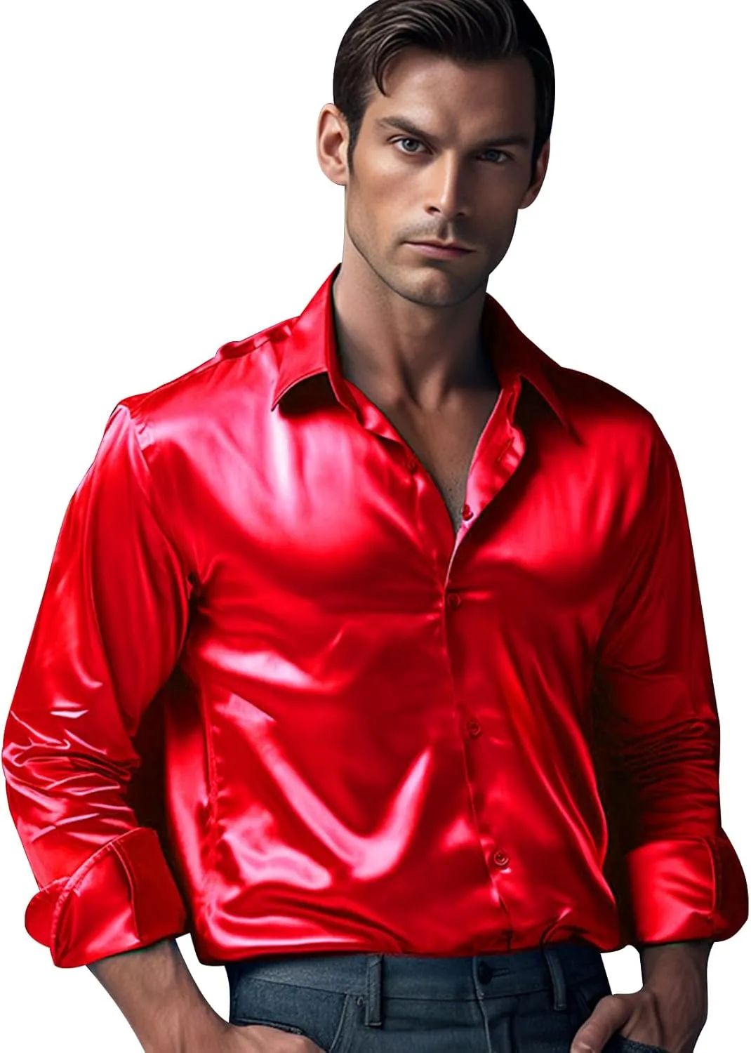 AOTORR Men's Luxury Shiny Silk Like Satin Button Up Dress Shirts Slim Fit Long Sleeve Nightclub Party Disco Prom Shirts