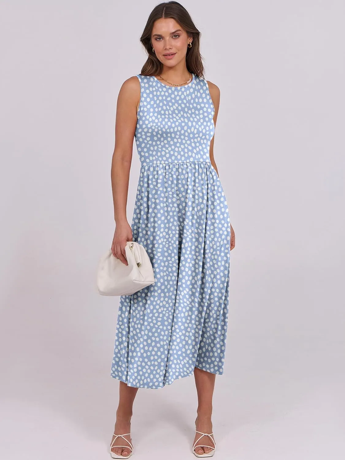 Caracilia Womens Summer Sleeveless Midi Dress Casual Floral Printed A-Line Tank Beach Sundress with Pockets