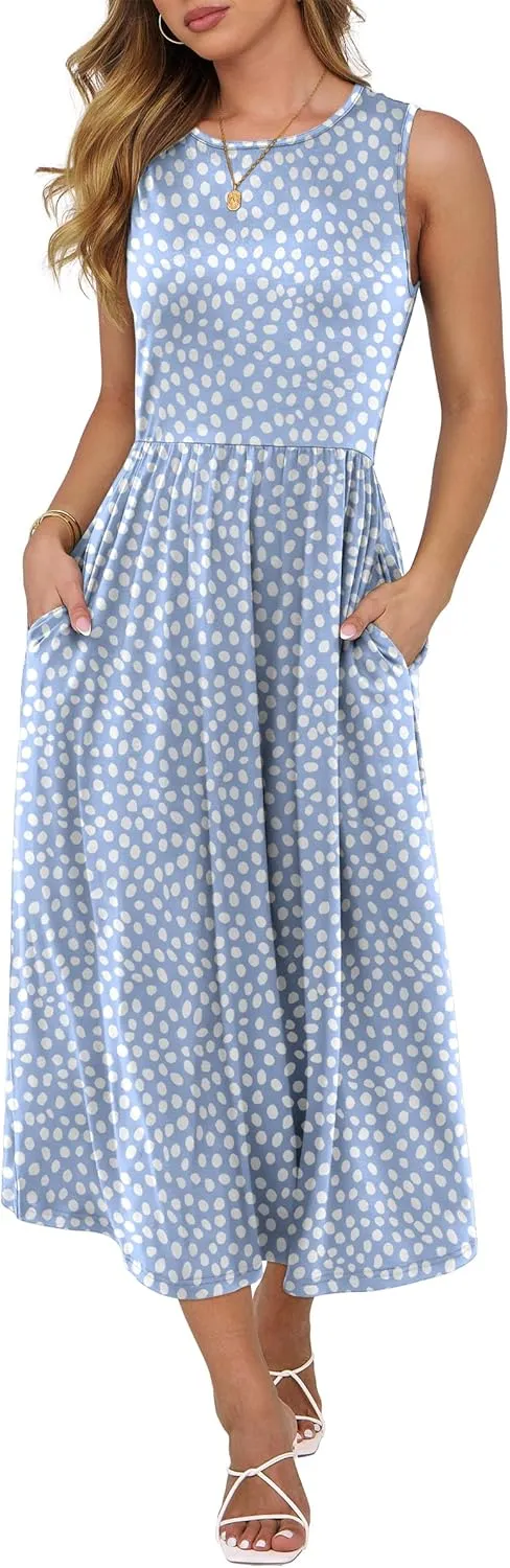 Caracilia Womens Summer Sleeveless Midi Dress Casual Floral Printed A-Line Tank Beach Sundress with Pockets