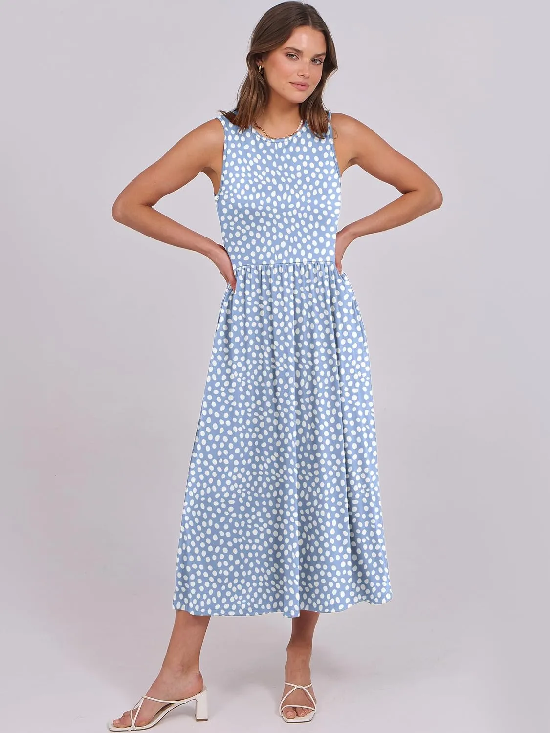 Caracilia Womens Summer Sleeveless Midi Dress Casual Floral Printed A-Line Tank Beach Sundress with Pockets