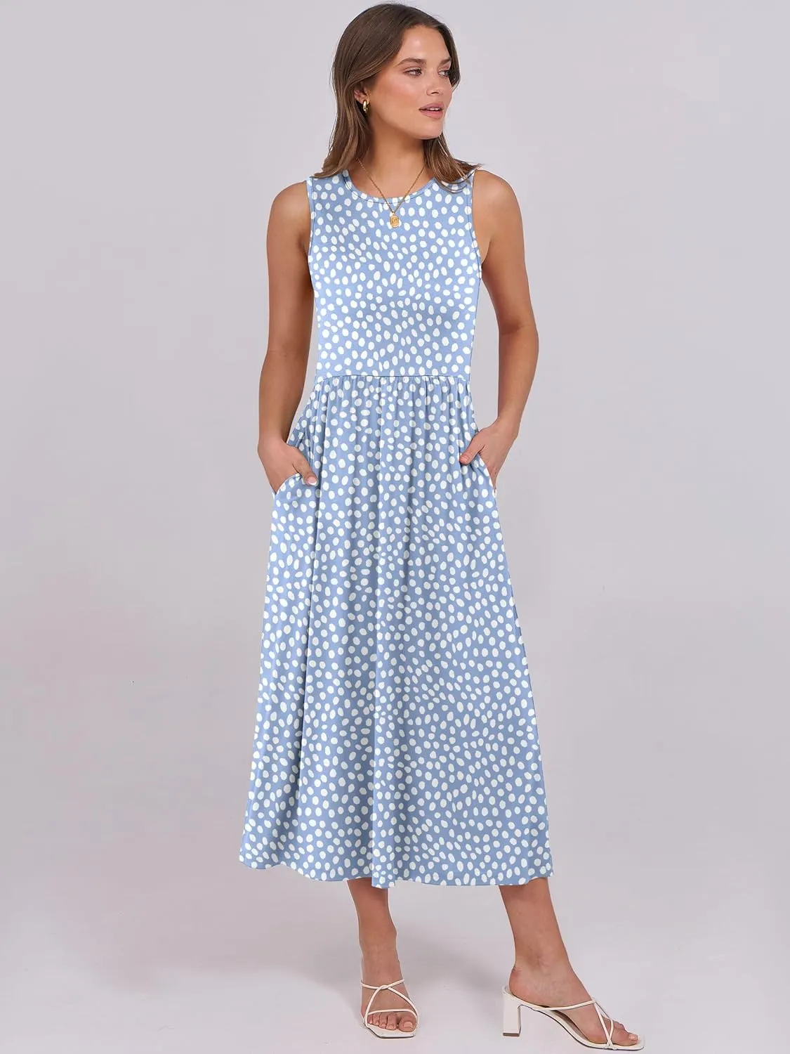 Caracilia Womens Summer Sleeveless Midi Dress Casual Floral Printed A-Line Tank Beach Sundress with Pockets