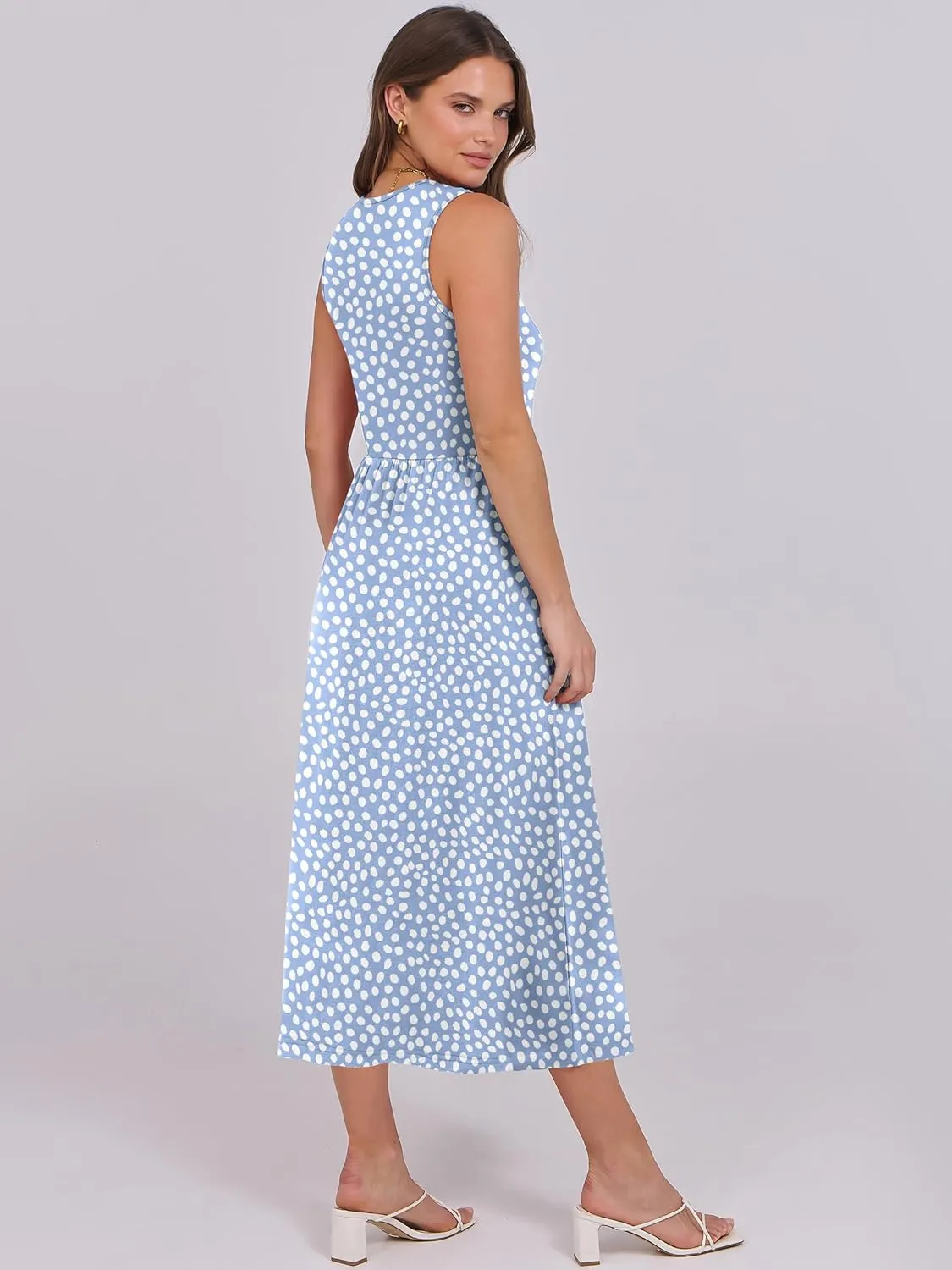 Caracilia Womens Summer Sleeveless Midi Dress Casual Floral Printed A-Line Tank Beach Sundress with Pockets