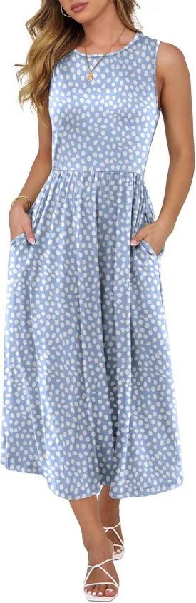 Caracilia Womens Summer Sleeveless Midi Dress Casual Floral Printed A-Line Tank Beach Sundress with Pockets