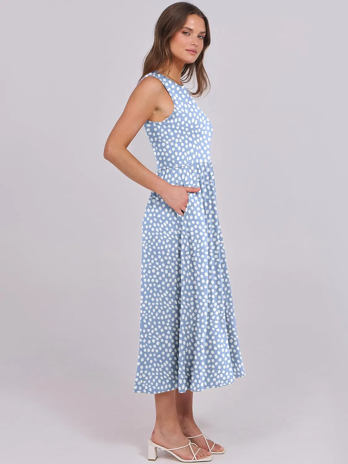 Caracilia Womens Summer Sleeveless Midi Dress Casual Floral Printed A-Line Tank Beach Sundress with Pockets