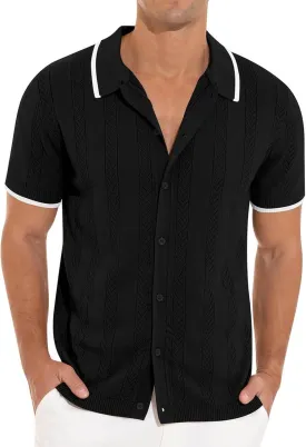 Casual Knit Shirts for Men Vintage Short Sleeve Button Down Vacation T-Shirts Summer Stretch Fit Textured Beach Tops