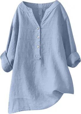 Ceboyel Women Cotton Linen Shirts Button Down Summer Blouse Roll-Up Sleeve Tops Tunic Trendy Boho Ladies Clothes 2023