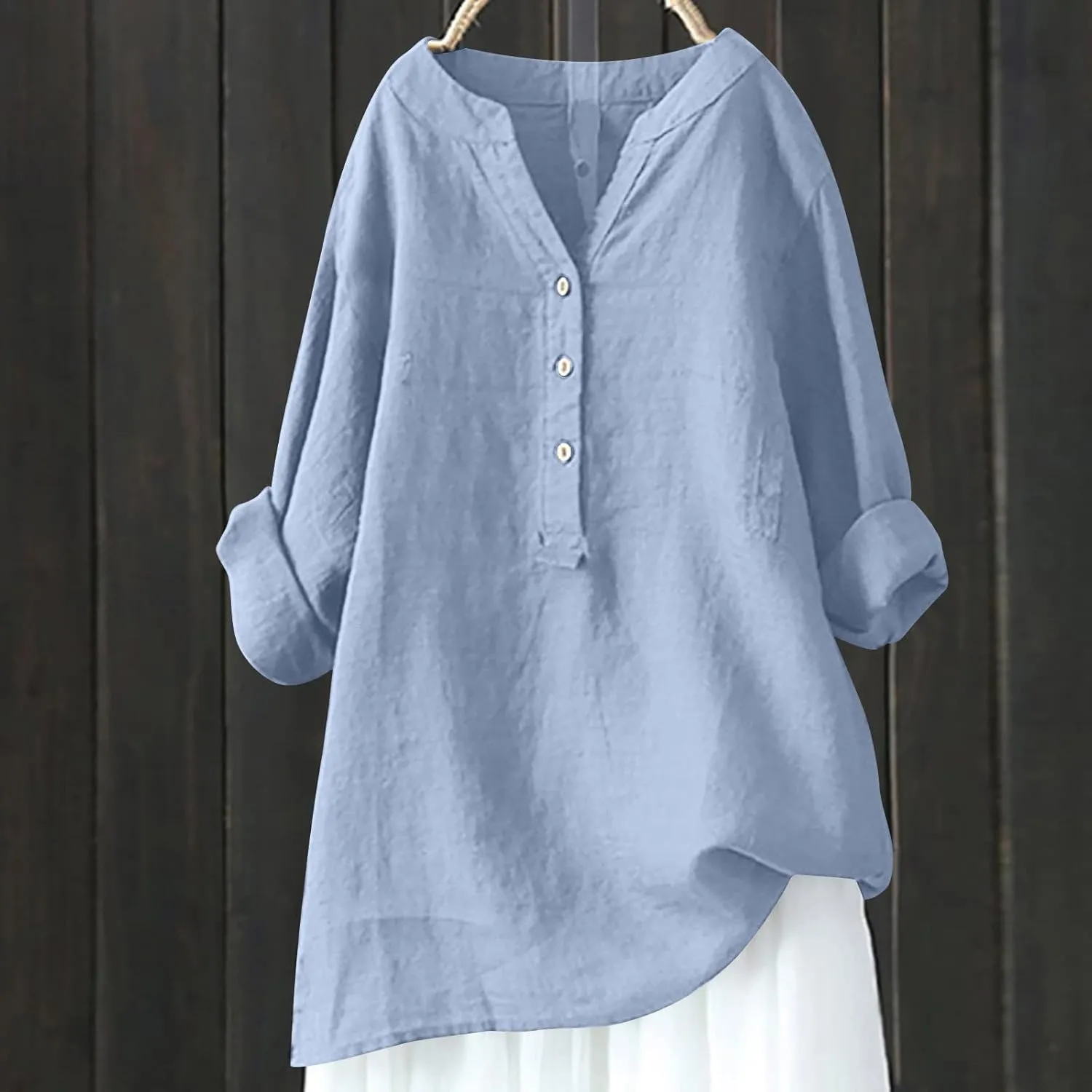 Ceboyel Women Cotton Linen Shirts Button Down Summer Blouse Roll-Up Sleeve Tops Tunic Trendy Boho Ladies Clothes 2023
