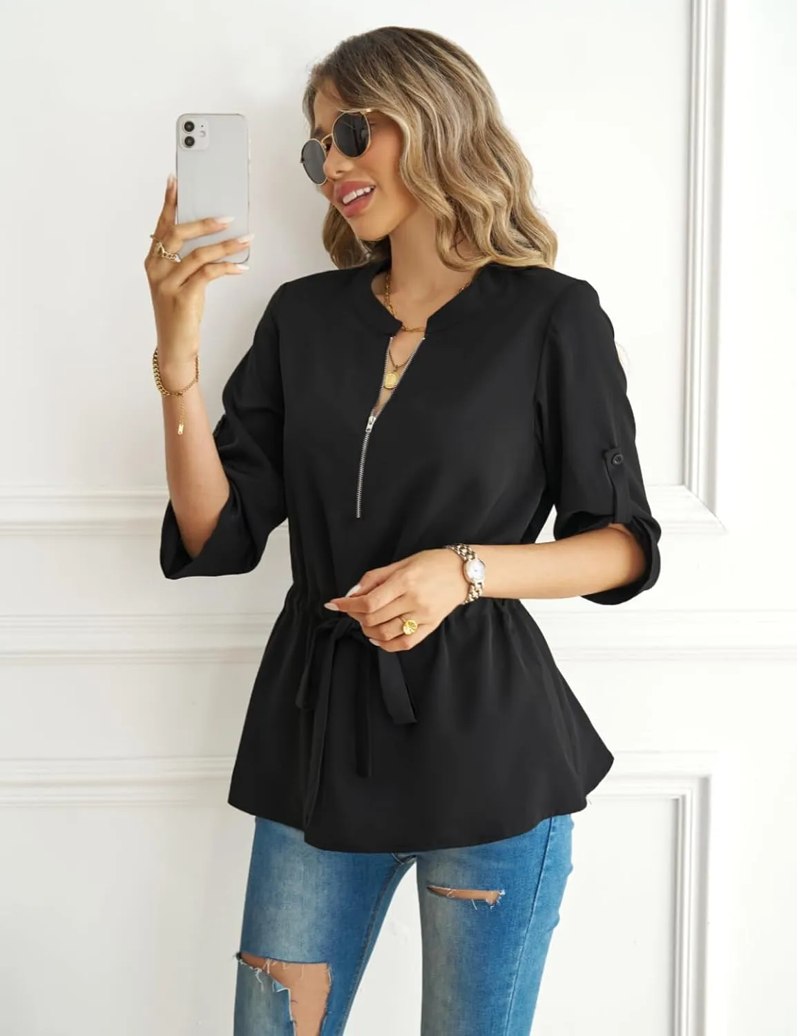 CiCiBird Womens Dressy 3/4 Sleeve Shirt Casual Zip Blouse Work Business Peplum Tops