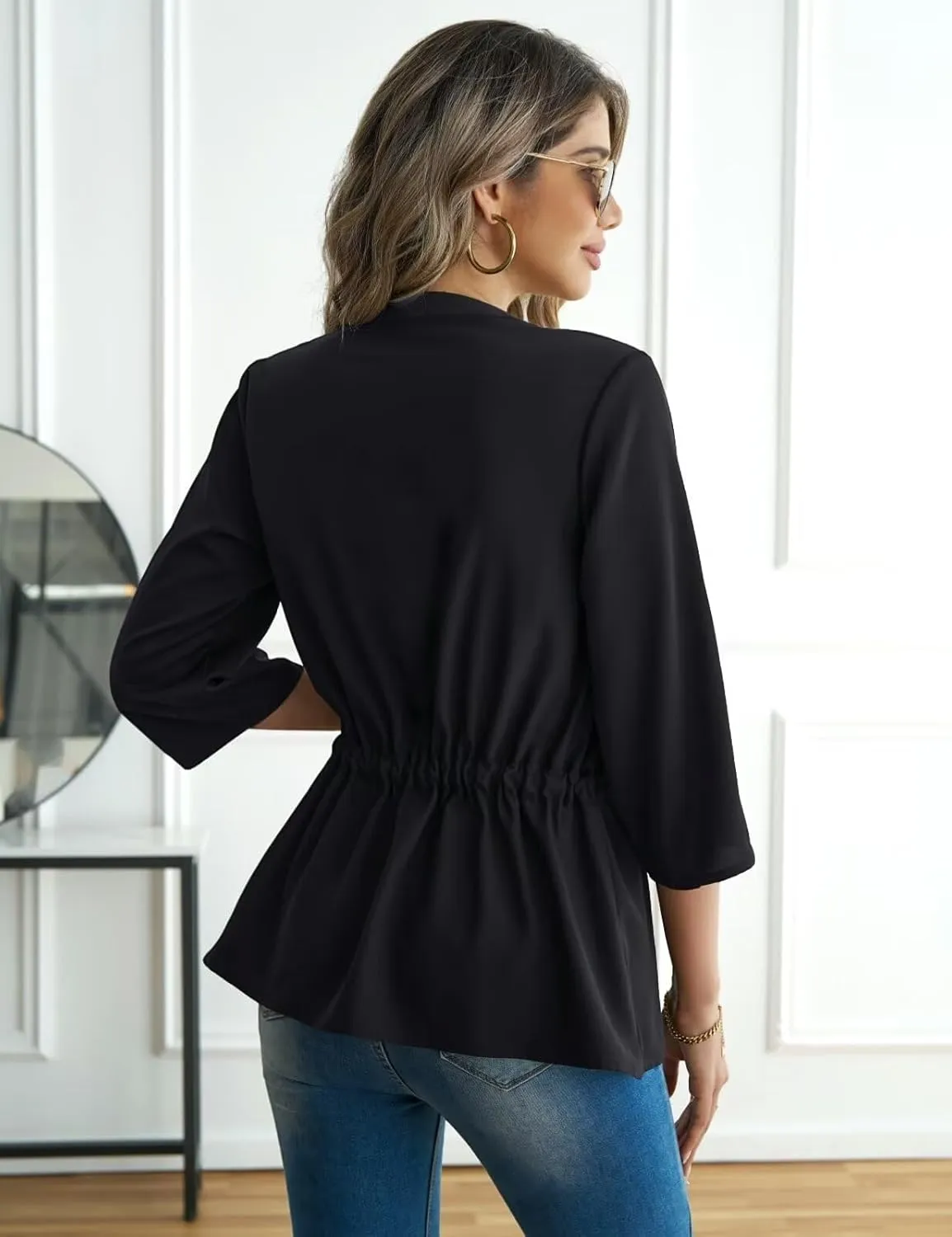 CiCiBird Womens Dressy 3/4 Sleeve Shirt Casual Zip Blouse Work Business Peplum Tops