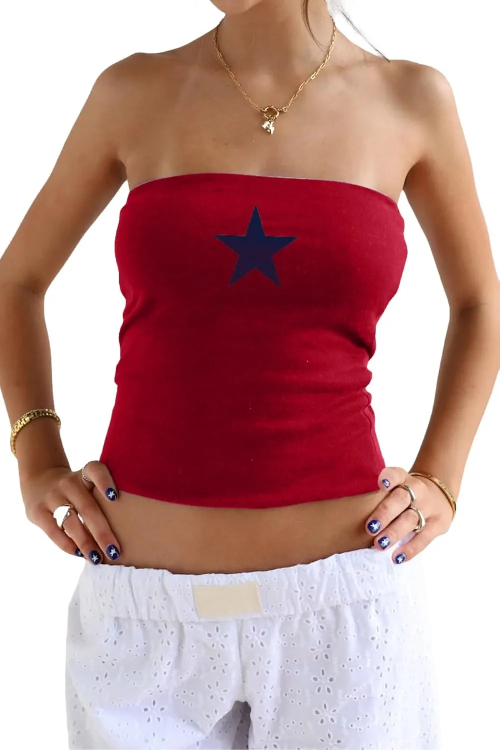 Cioatin Women Strapless Bandeau Tube Tops Sleeveless Y2K Minimal Star Graphic Print Aesthetic Fit Preppy Summer Tank