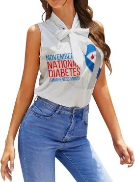 Diabetes Awareness Month Blue Ribbon Women's Shirt Bow Tie Knot Mock Neck Sleeveless Tank Top