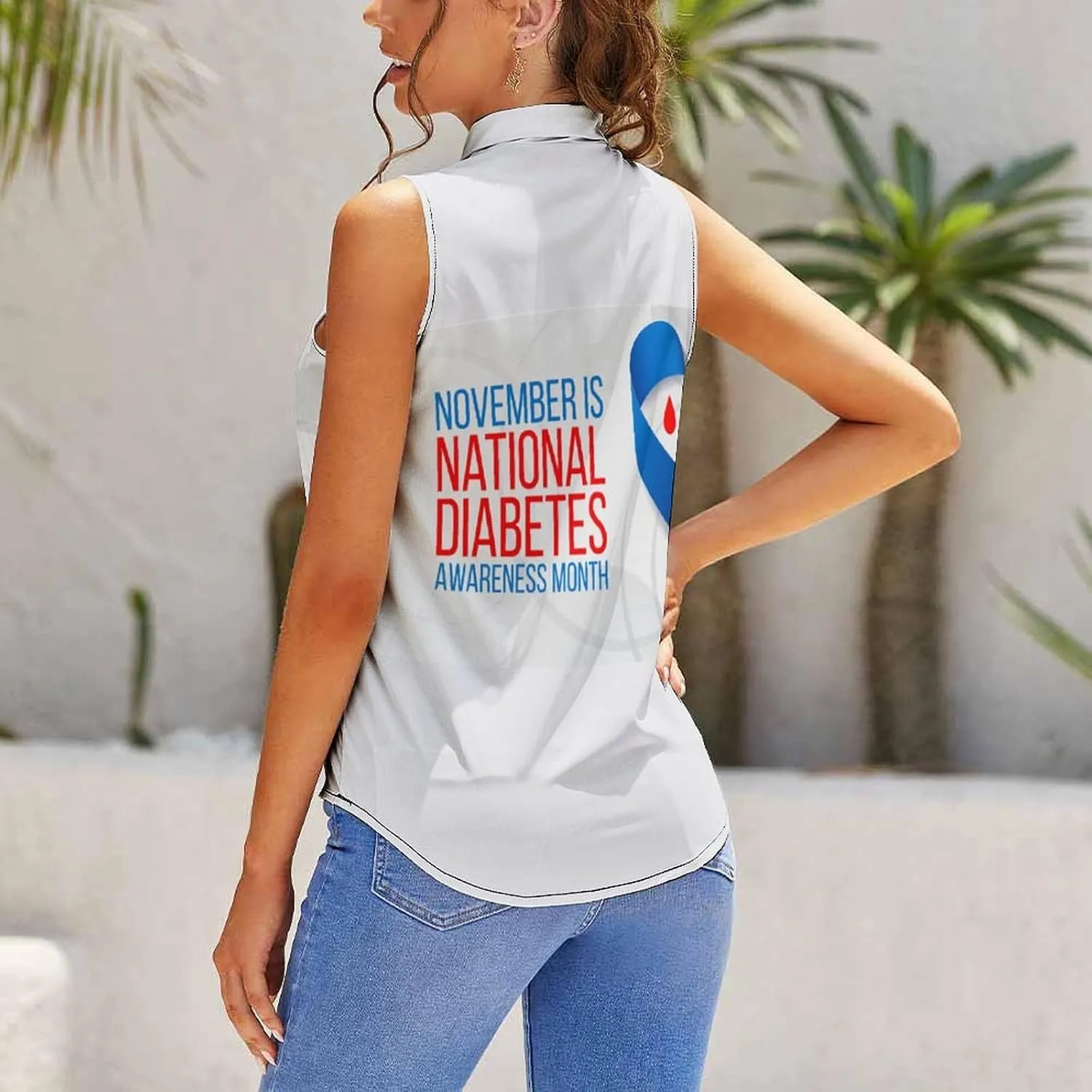 Diabetes Awareness Month Blue Ribbon Women's Shirt Bow Tie Knot Mock Neck Sleeveless Tank Top