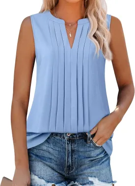 Gaharu Sleeveless Chiffon Tank Tops for Women Dressy V Neck Blouses Work Pleated Shirt