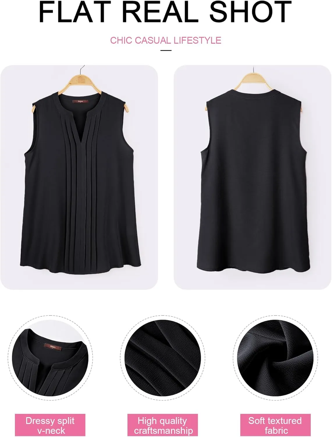 Gaharu Sleeveless Chiffon Tank Tops for Women Dressy V Neck Blouses Work Pleated Shirt