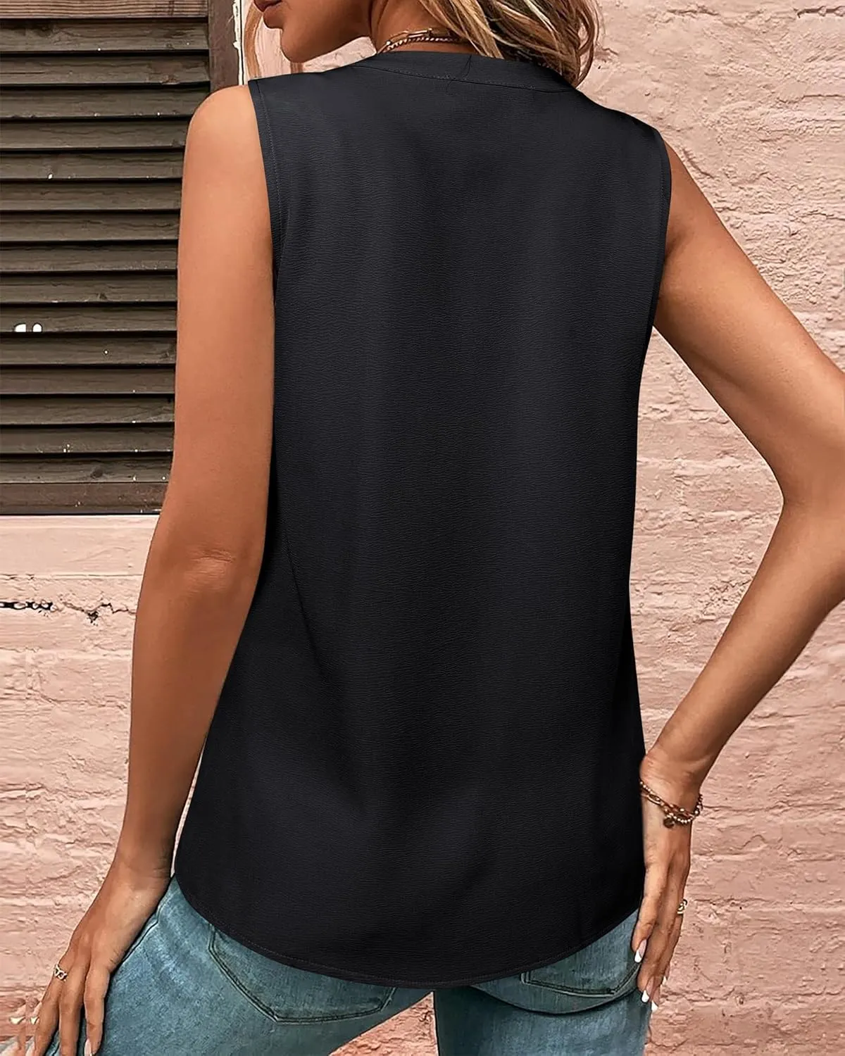 Gaharu Sleeveless Chiffon Tank Tops for Women Dressy V Neck Blouses Work Pleated Shirt