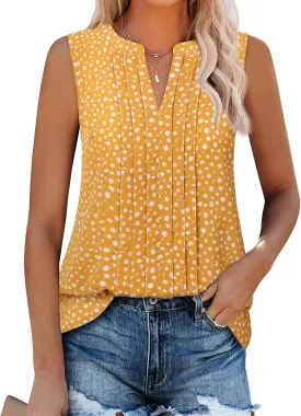 Gaharu Sleeveless Chiffon Tank Tops for Women Dressy V Neck Blouses Work Pleated Shirt