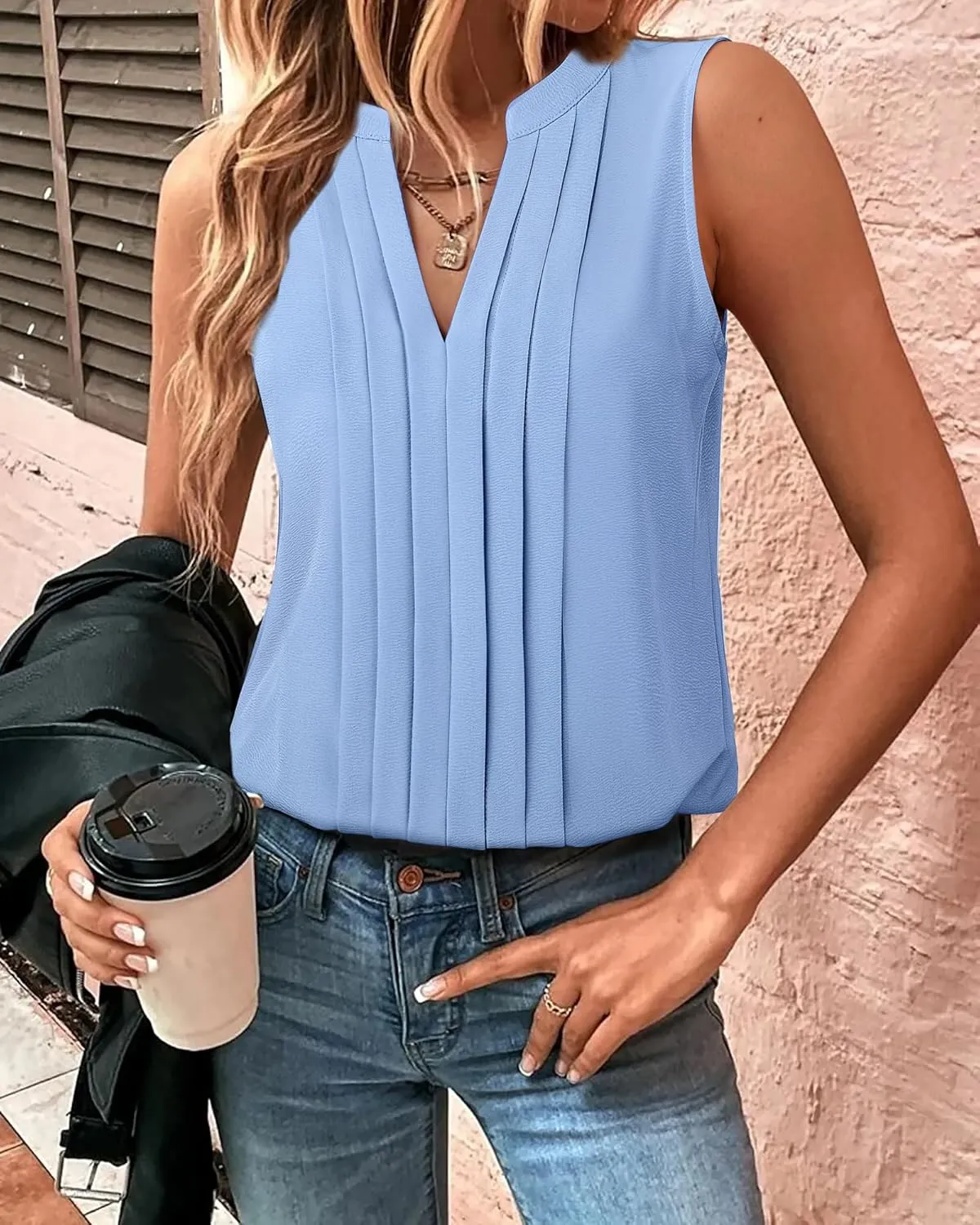 Gaharu Sleeveless Chiffon Tank Tops for Women Dressy V Neck Blouses Work Pleated Shirt