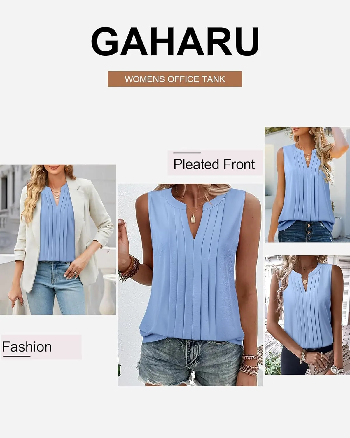 Gaharu Sleeveless Chiffon Tank Tops for Women Dressy V Neck Blouses Work Pleated Shirt