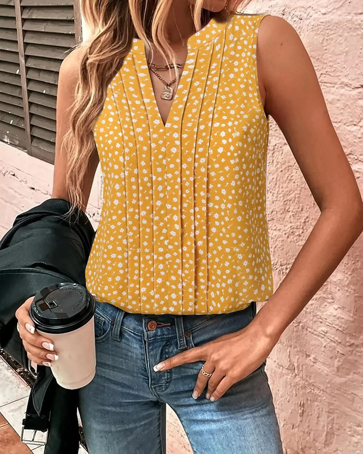 Gaharu Sleeveless Chiffon Tank Tops for Women Dressy V Neck Blouses Work Pleated Shirt