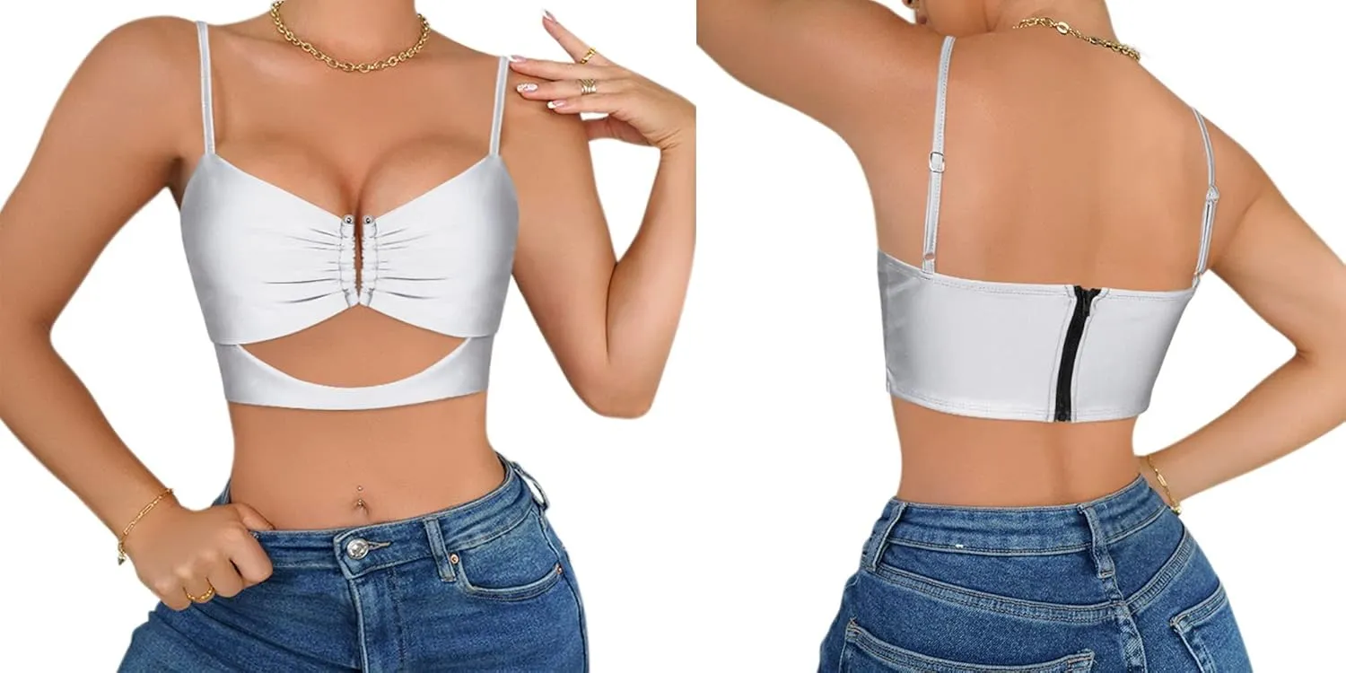 Giovacker Women's Slim Adjustable Spaghetti Straps Crop Tops Bandage Cutout Tube Top Tank Cami Champagne
