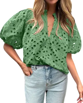 hathne Women's Embroidered Eyelet Blouses Tops Summer V Neck Hollow Out Lantern Short Sleeve Shirts