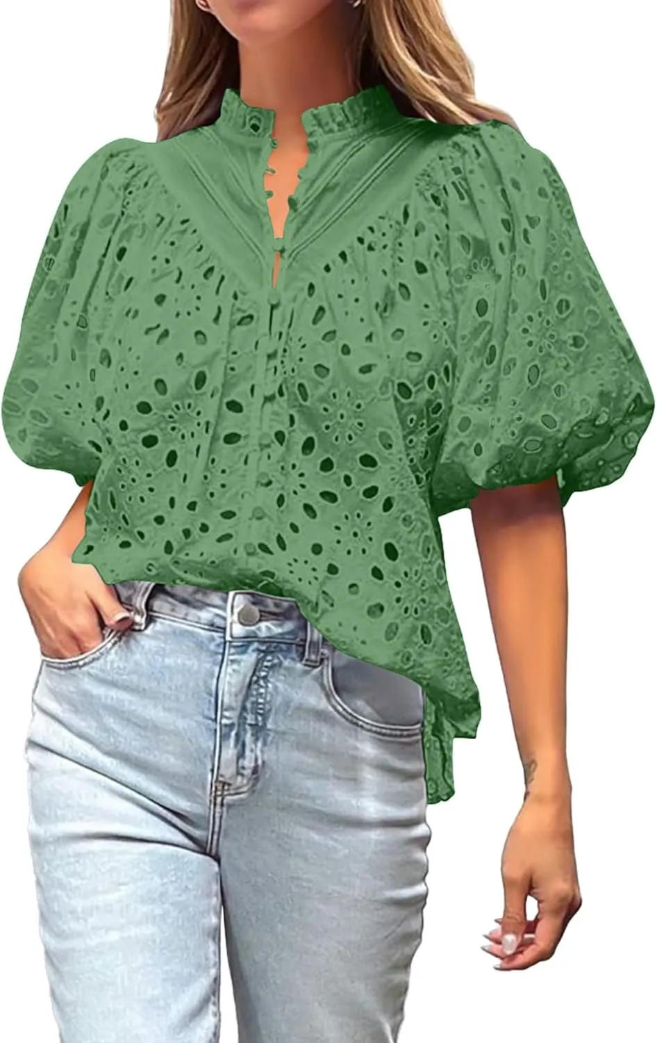 hathne Women's Embroidered Eyelet Blouses Tops Summer V Neck Hollow Out Lantern Short Sleeve Shirts