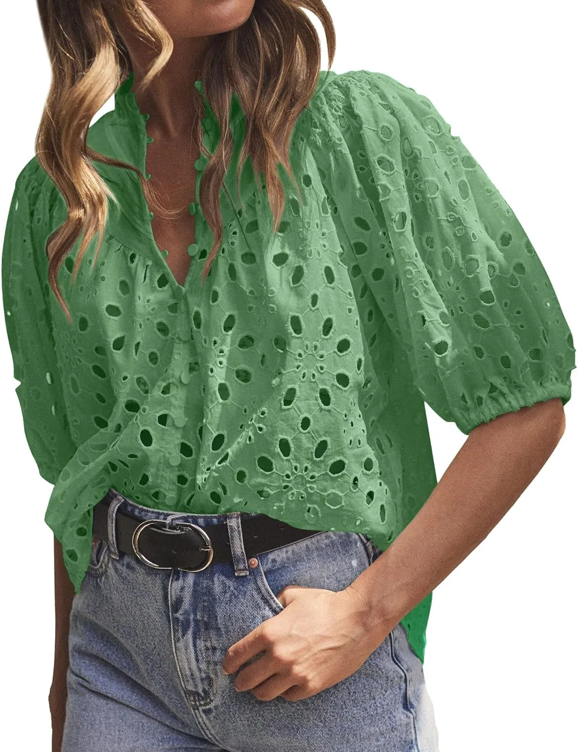 hathne Women's Embroidered Eyelet Blouses Tops Summer V Neck Hollow Out Lantern Short Sleeve Shirts