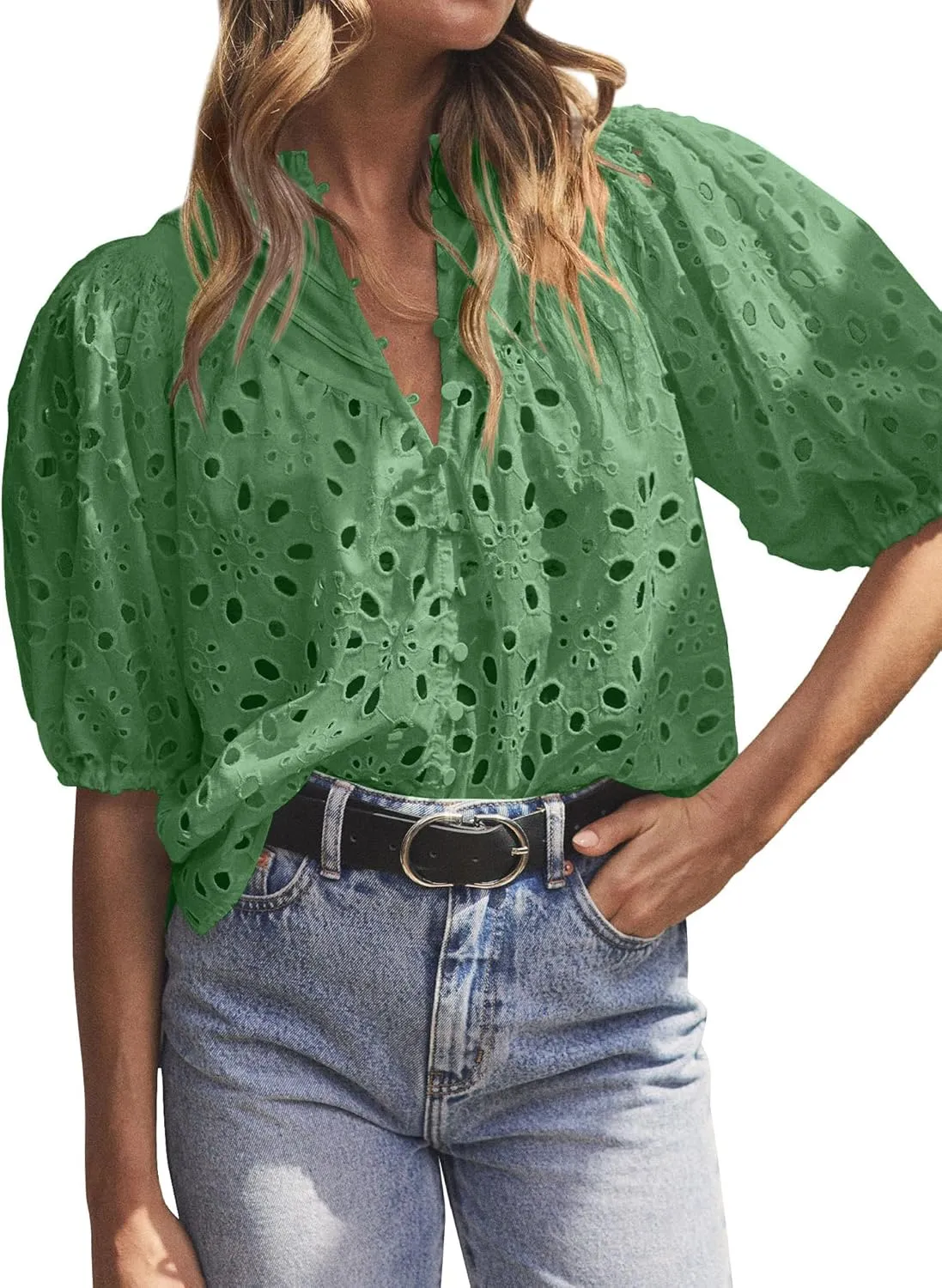hathne Women's Embroidered Eyelet Blouses Tops Summer V Neck Hollow Out Lantern Short Sleeve Shirts