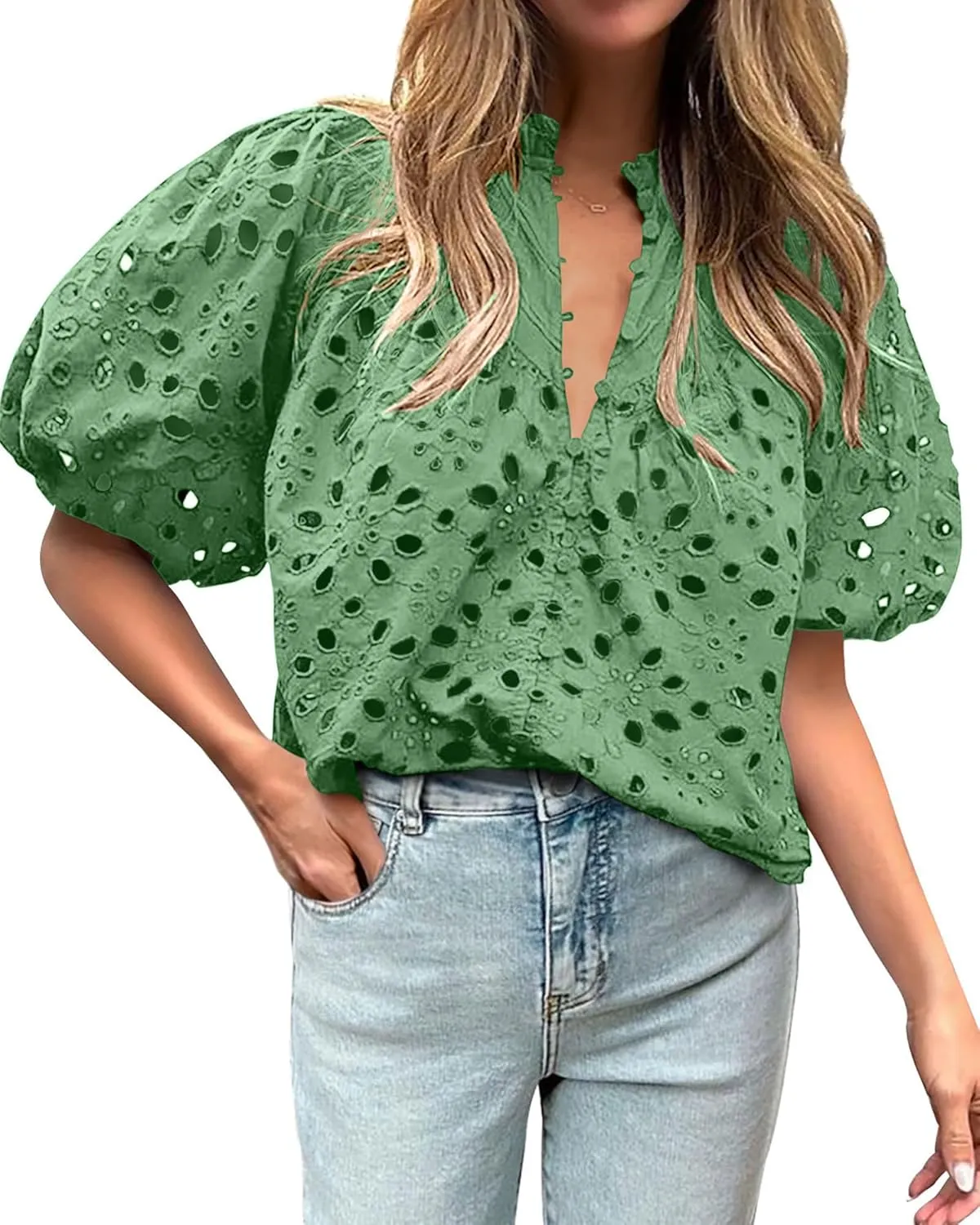 hathne Women's Embroidered Eyelet Blouses Tops Summer V Neck Hollow Out Lantern Short Sleeve Shirts