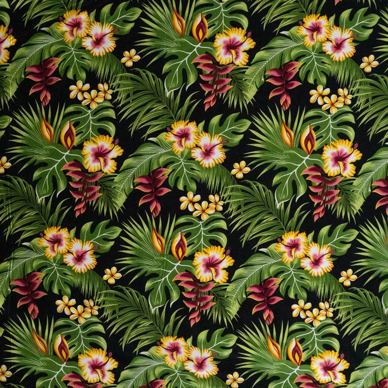 Hibiscus Plumeria Split Banana Palm Leaves Fabric | Rayon Poplin