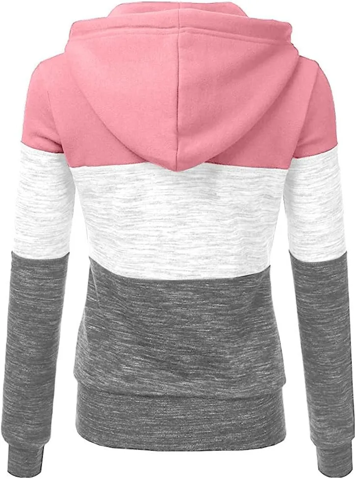 Hoodies for Women Color Block Hooded Sweatshirt Basic Zip-Up Jersey Jacket Long Sleeve Top with Pockets Plus Size