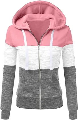 Hoodies for Women Color Block Hooded Sweatshirt Basic Zip-Up Jersey Jacket Long Sleeve Top with Pockets Plus Size