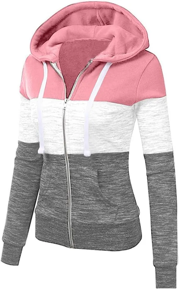 Hoodies for Women Color Block Hooded Sweatshirt Basic Zip-Up Jersey Jacket Long Sleeve Top with Pockets Plus Size