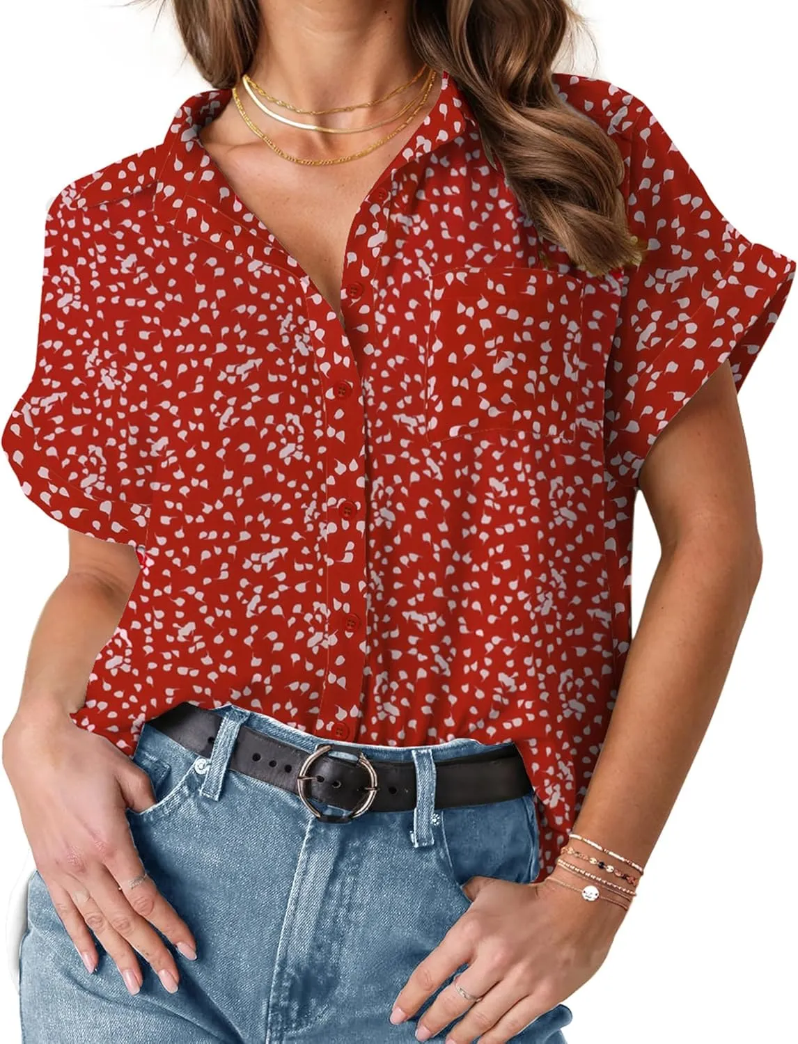 HOTOUCH Womens Short Sleeve Button Down Shirts Loose Fit V Neck Business Casual Blouses Summer Top with Pockets S-XXL