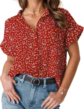 HOTOUCH Womens Short Sleeve Button Down Shirts Loose Fit V Neck Business Casual Blouses Summer Top with Pockets S-XXL