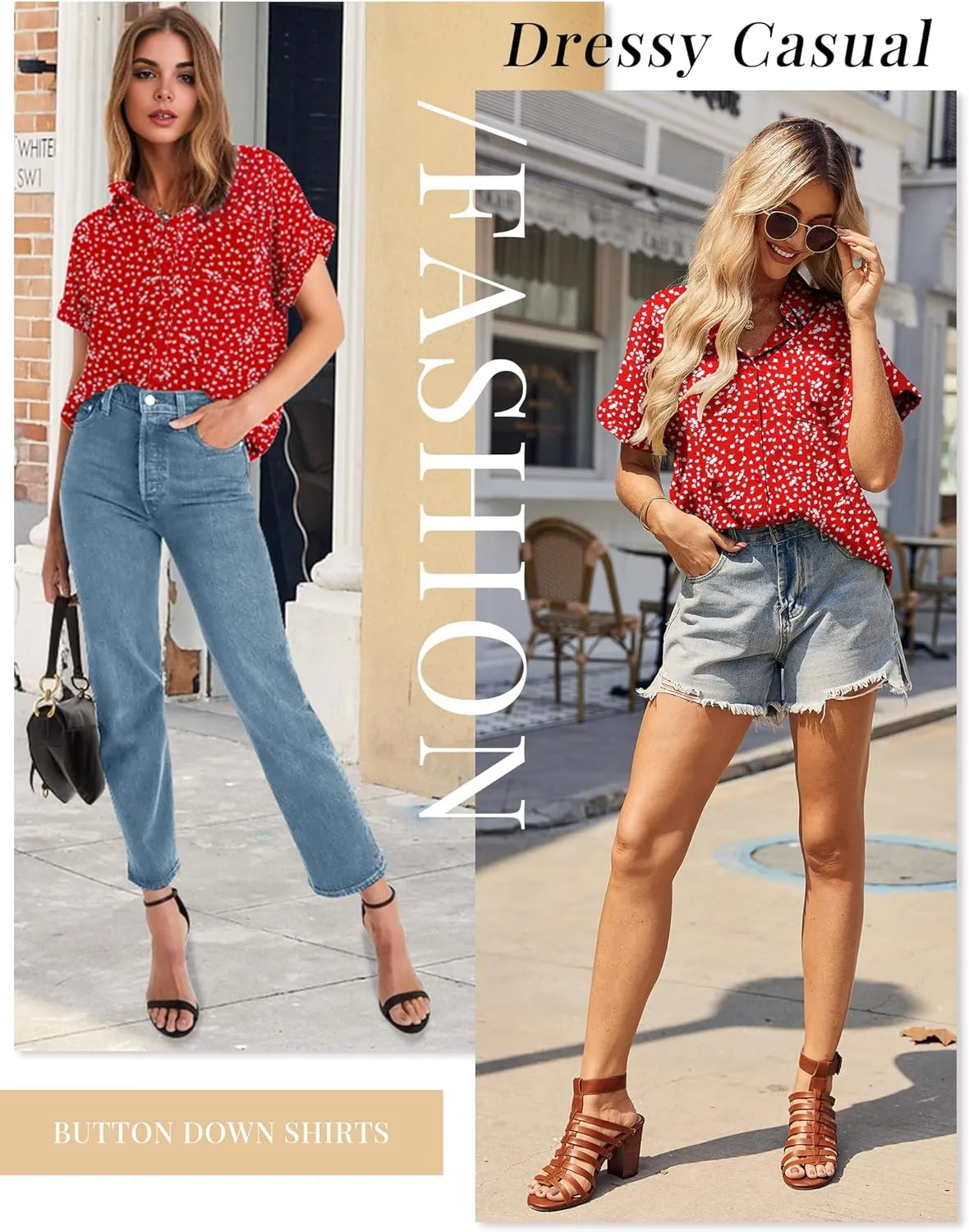 HOTOUCH Womens Short Sleeve Button Down Shirts Loose Fit V Neck Business Casual Blouses Summer Top with Pockets S-XXL