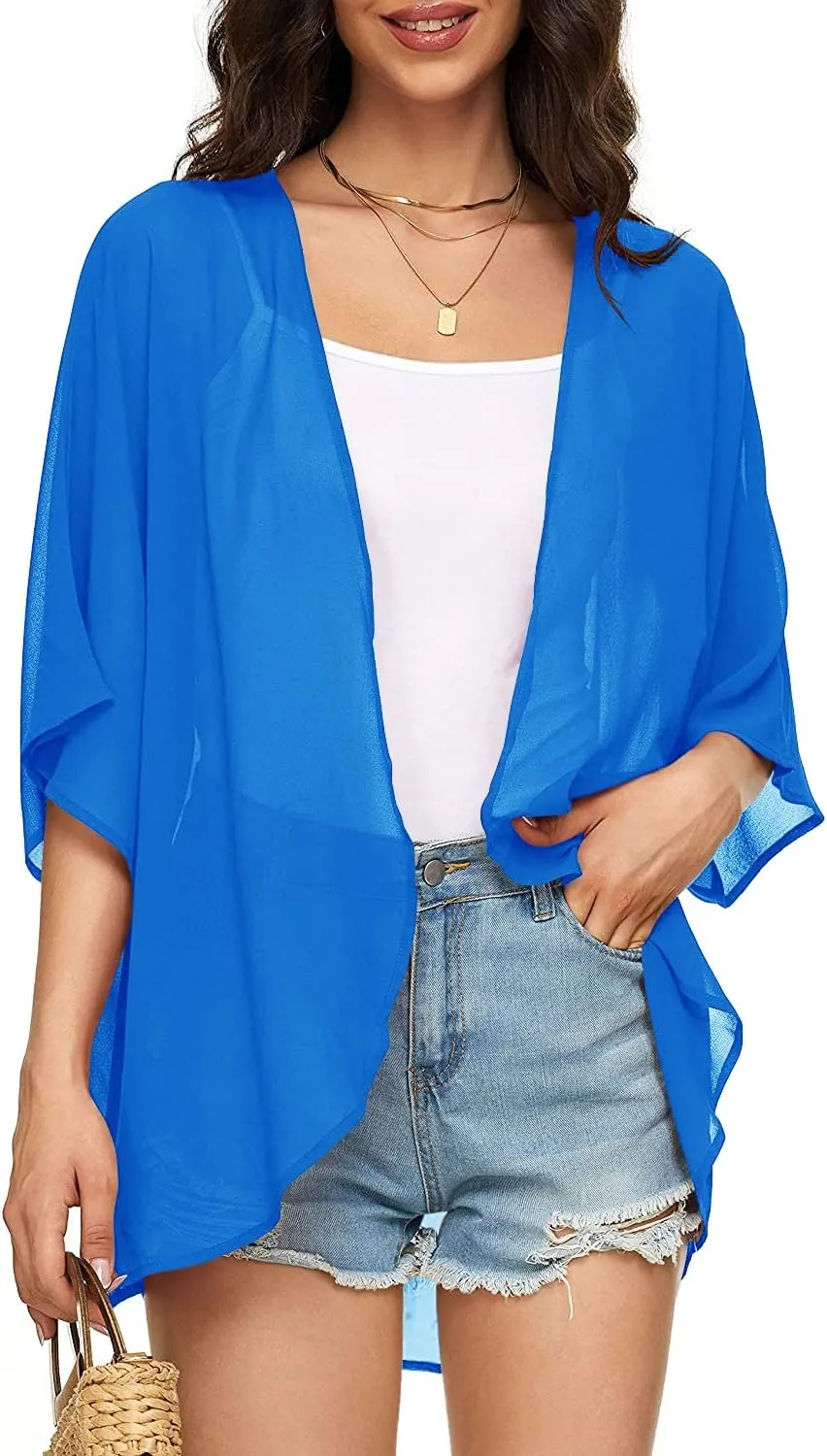 Indian Trendy Women's Solid Puff Sleeve Kimono Cardigan Loose Cover Up Casual Blouse Top Chiffon