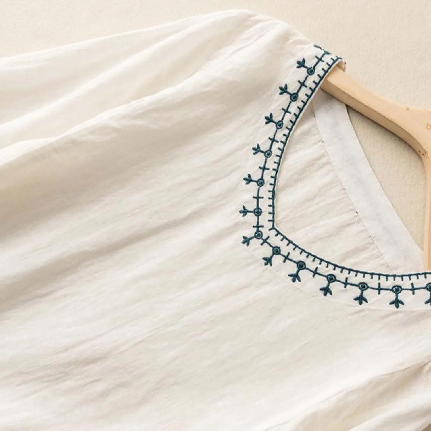 Linen Shirt for Women 3/4 Sleeve Linen Blouses Loose Fit Embroidery Cotton Tops