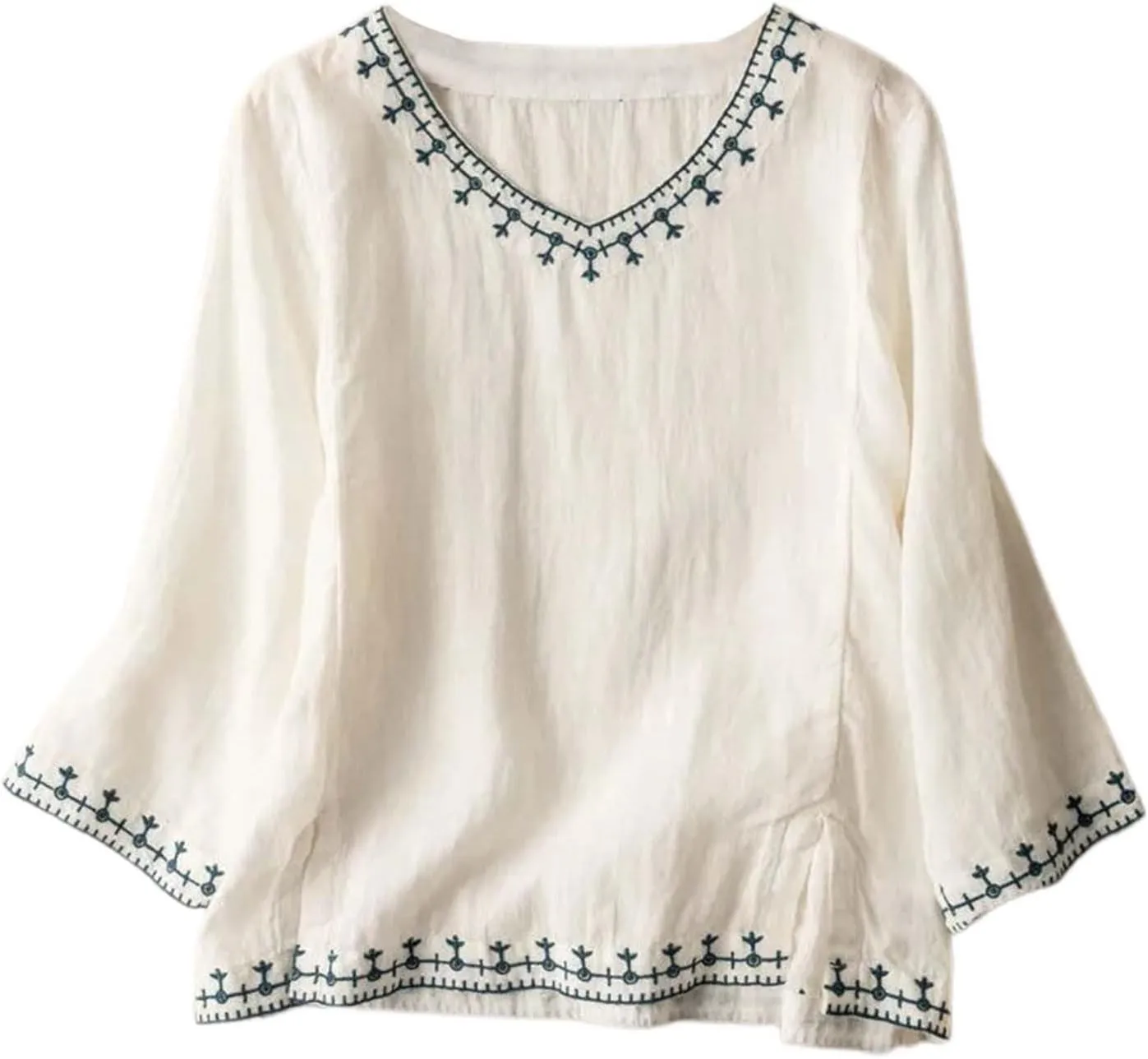 Linen Shirt for Women 3/4 Sleeve Linen Blouses Loose Fit Embroidery Cotton Tops