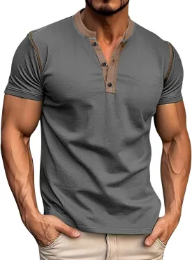 Mens Fashion Henley Shirt Short Sleeve Lightweight Cotton Gym Workout Fitness T-Shirts Button Pullover Summer Tees
