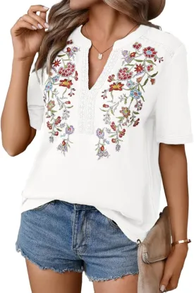 Mexican Shirts for Women Embroidered Tops Traditional Summer Blouse Floral Tunic V Neck Short Sleeve T Shirt