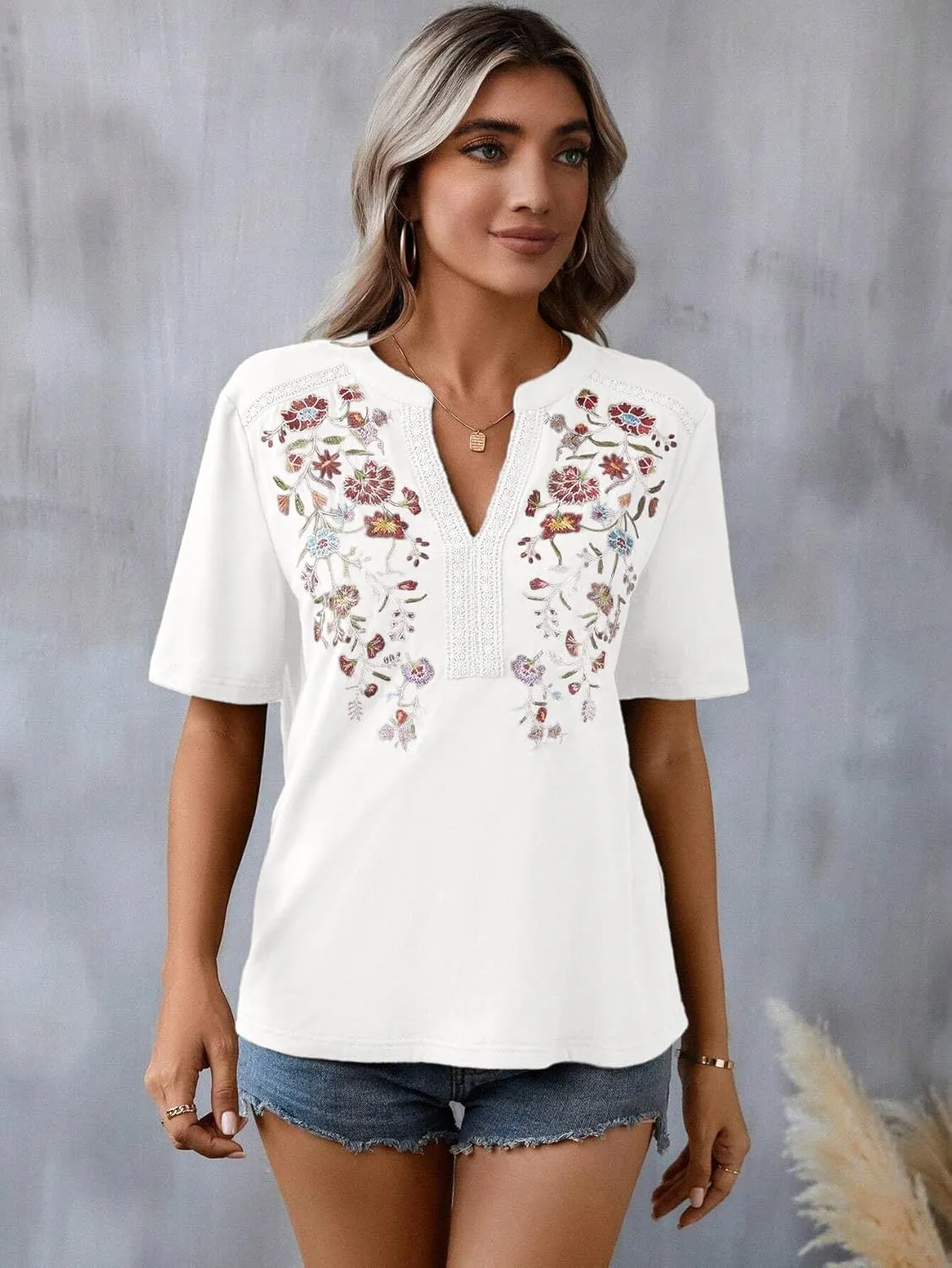 Mexican Shirts for Women Embroidered Tops Traditional Summer Blouse Floral Tunic V Neck Short Sleeve T Shirt