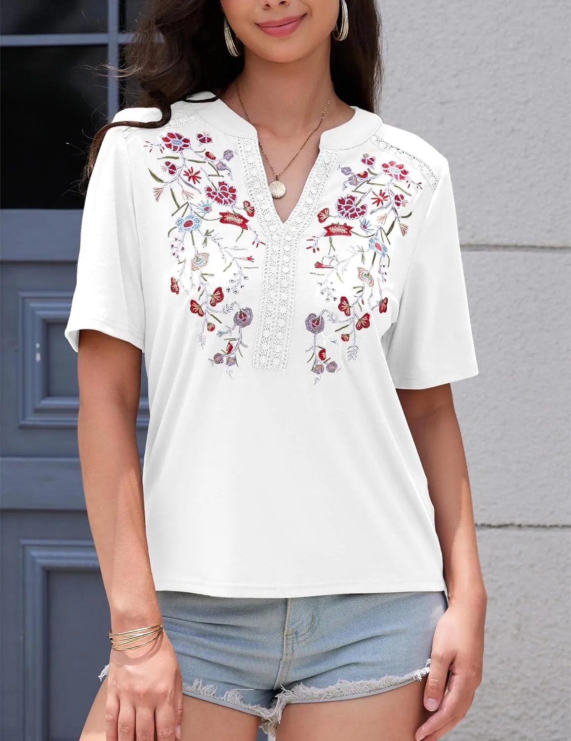 Mexican Shirts for Women Embroidered Tops Traditional Summer Blouse Floral Tunic V Neck Short Sleeve T Shirt