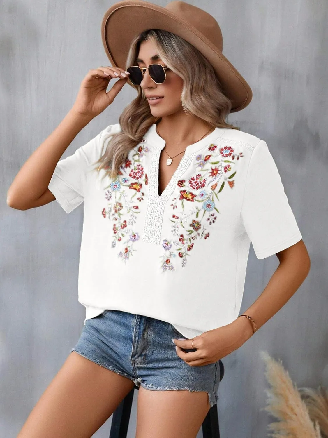 Mexican Shirts for Women Embroidered Tops Traditional Summer Blouse Floral Tunic V Neck Short Sleeve T Shirt