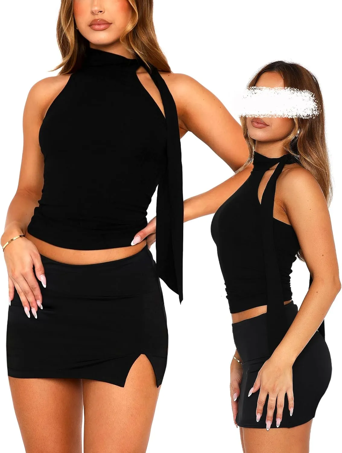 Off Shoulder Halter Mock Neck Going Out Tops for Women Cute Club Rave Top Bow Tie Sleeveless Crop Tank Top with Scarf