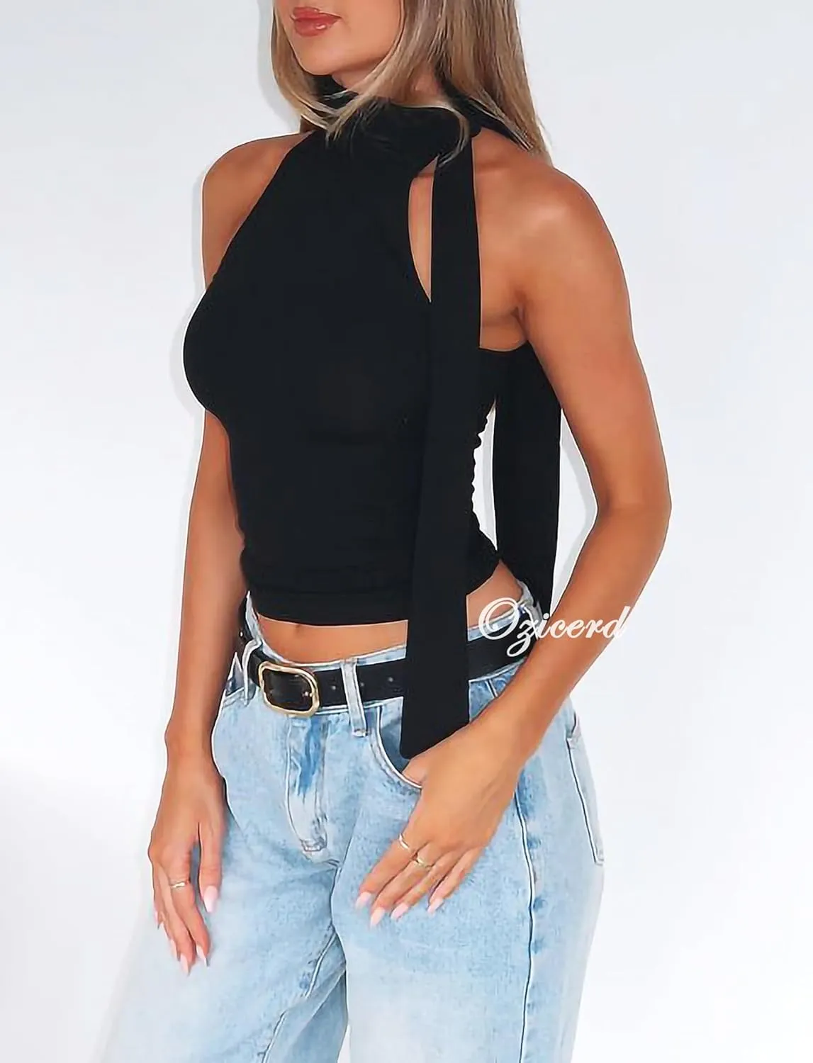 Off Shoulder Halter Mock Neck Going Out Tops for Women Cute Club Rave Top Bow Tie Sleeveless Crop Tank Top with Scarf