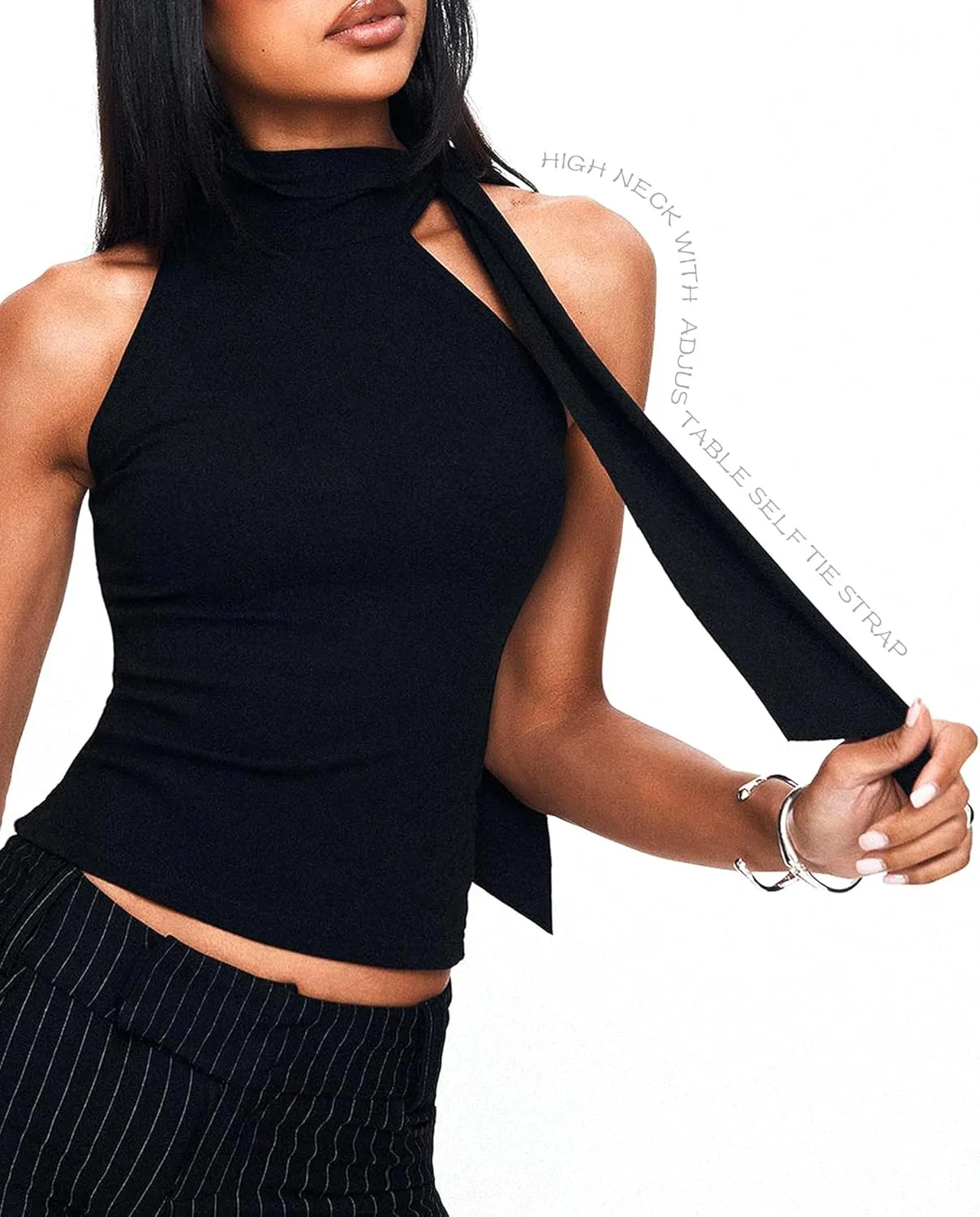 Off Shoulder Halter Mock Neck Going Out Tops for Women Cute Club Rave Top Bow Tie Sleeveless Crop Tank Top with Scarf
