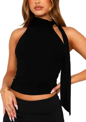 Off Shoulder Halter Mock Neck Going Out Tops for Women Cute Club Rave Top Bow Tie Sleeveless Crop Tank Top with Scarf